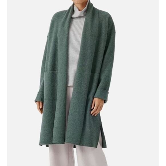 Eileen Fisher Lightweight Boiled Wool Coat Cardigan Longline Jacket Sweater - Picture 3 of 13